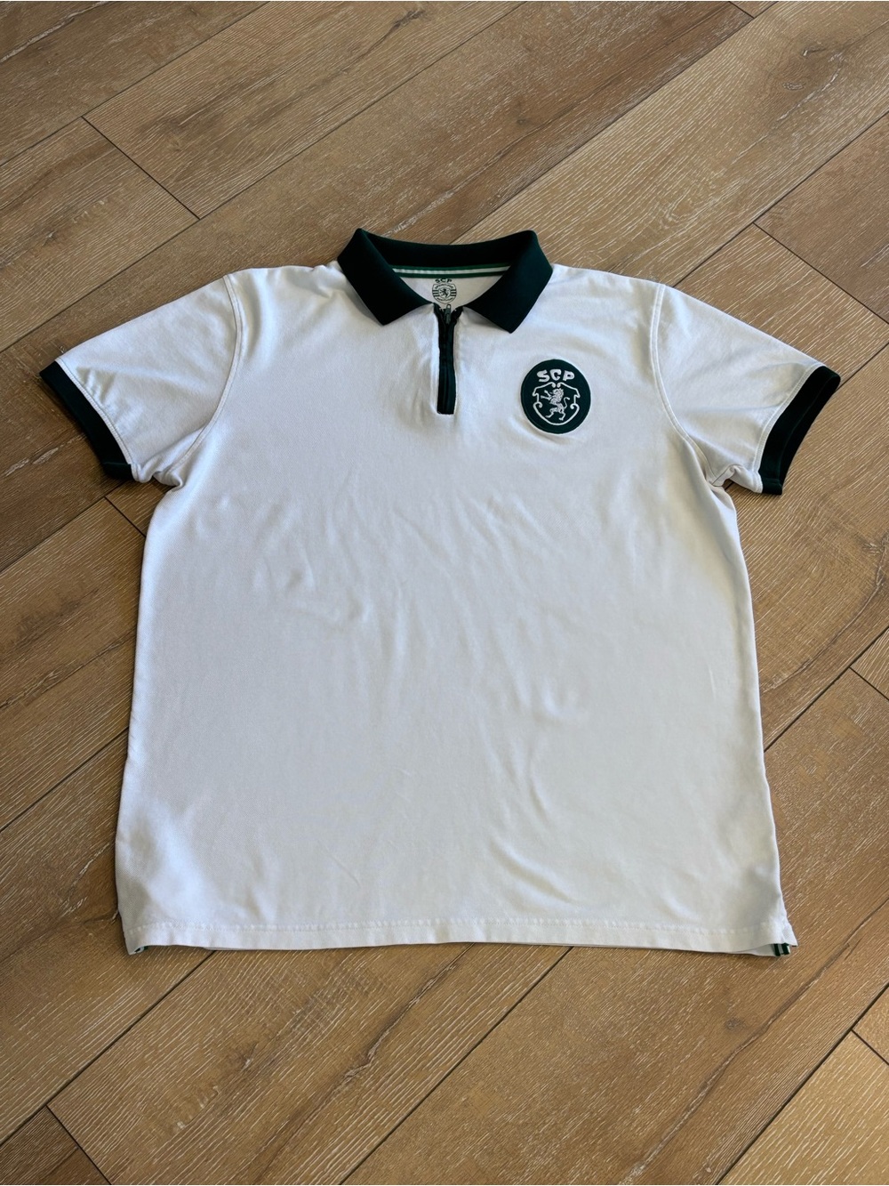 Sporting CP Portugal Soccer Polo Shirt White Green Zip Collar Men’s Large